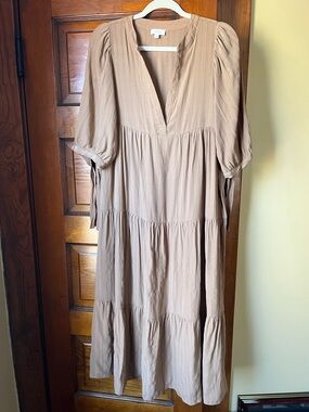 Midi Tiered V-Neck Dress in Taupe